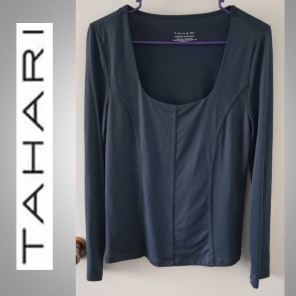 Tahari modern essentials long sleeve blouse top size medium blue grey